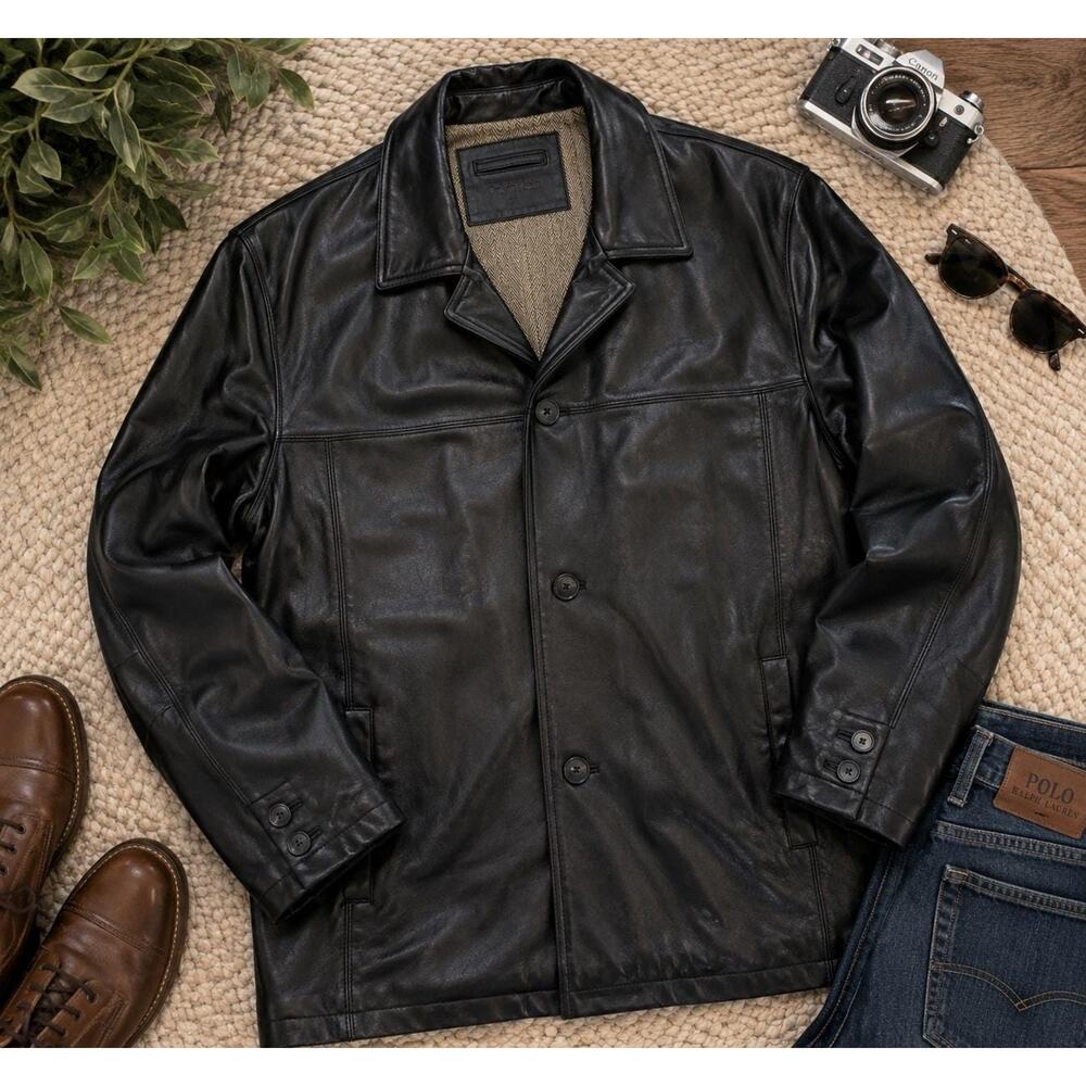 Vintage Calvin Klein Black Leather Car Coat XL Y2K Herringbone Lined Jacket